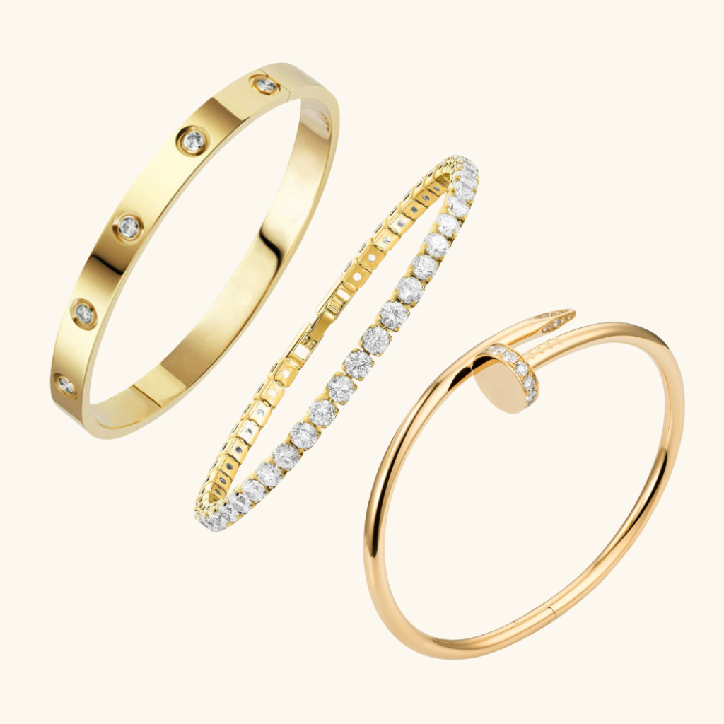 Parure de Bracelets Femme – Ensemble de 3 Bracelets Jonc et Cristaux en Acier Inoxydable Doré Style Élégant