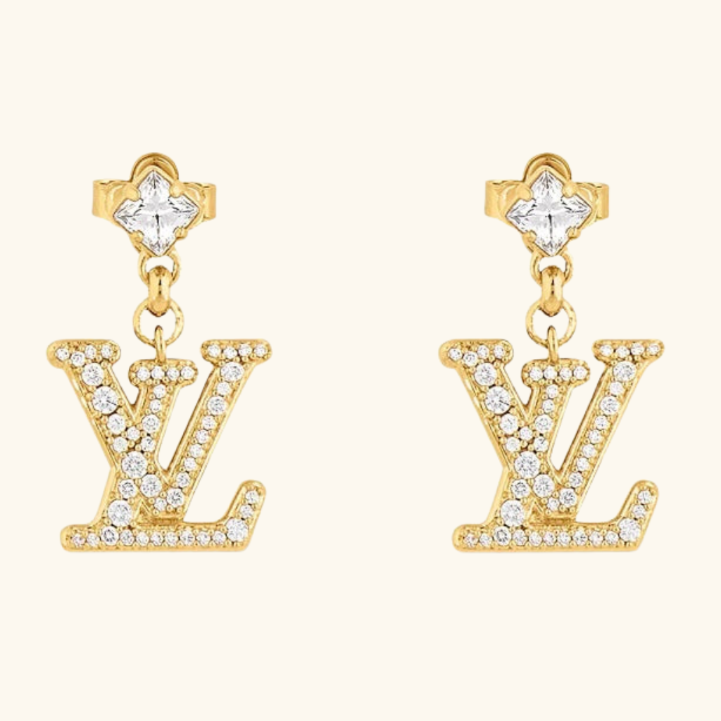 Boucles d’Oreilles Femme – Pendentif Lettre Cristallisé avec Pierre Carrée en Acier Inoxydable Doré Style Élégant