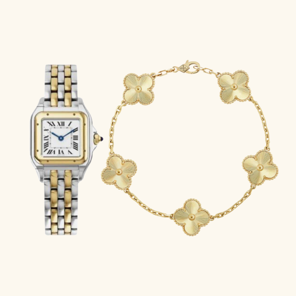 Parure Femme – Montre et Bracelet Fleur en Acier Inoxydable Bicolore Style Élégant