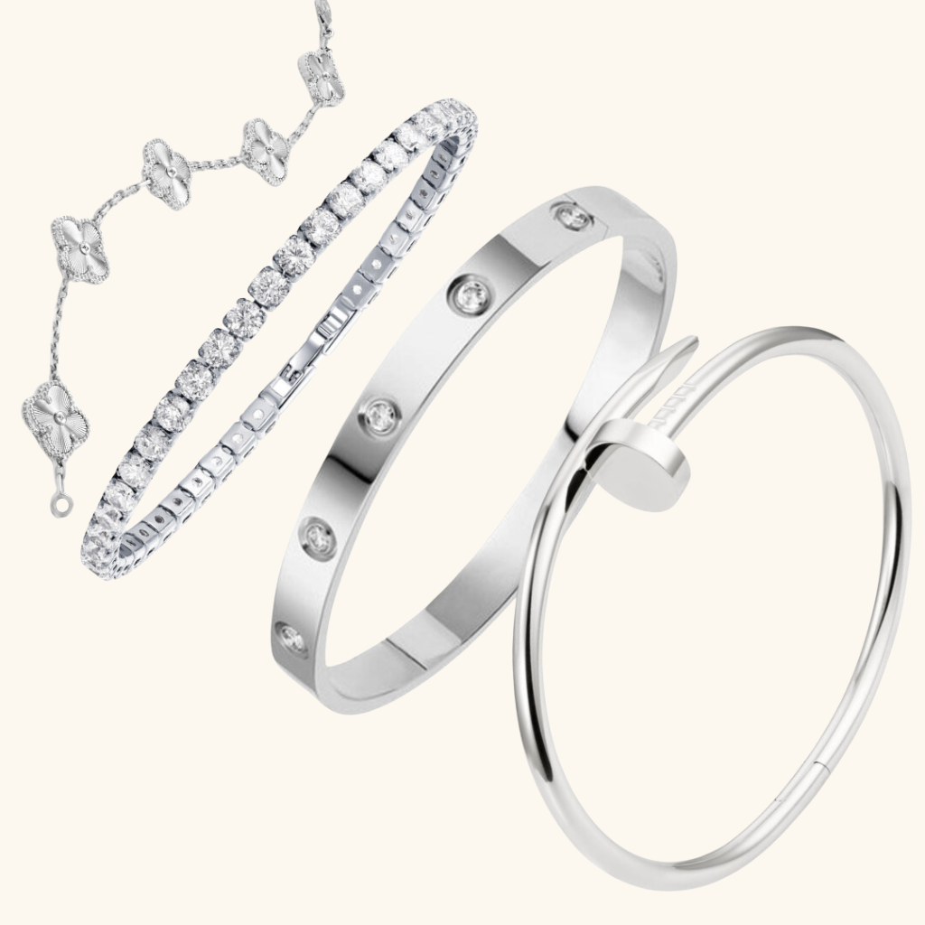 Parure de Bracelets Femme – Ensemble de 4 Bracelets Argentés en Acier Inoxydable Style Élégant