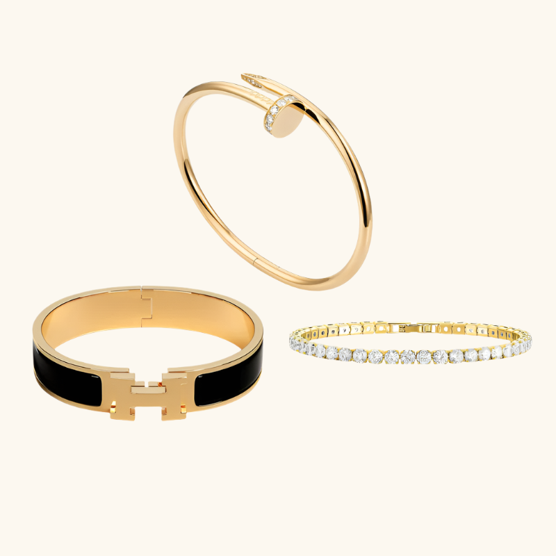Parure de Bracelets Femme – Ensemble de 3 Bracelets Jonc, Rivière de Cristaux et Bracelet Clou en Acier Inoxydable Doré Style Élégant