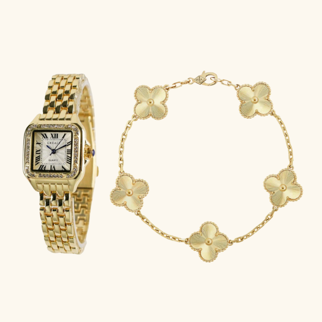 Parure Femme – Montre et Bracelet Fleur en Acier Inoxydable Doré Style Élégant