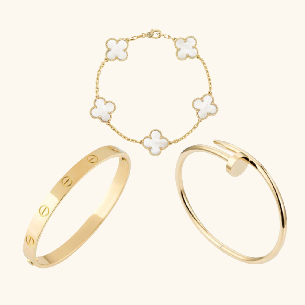 Parure de Bracelets Femme – Ensemble de 3 Bracelets Trèfle Blanc et Joncs en Acier Inoxydable Doré Style Élégant