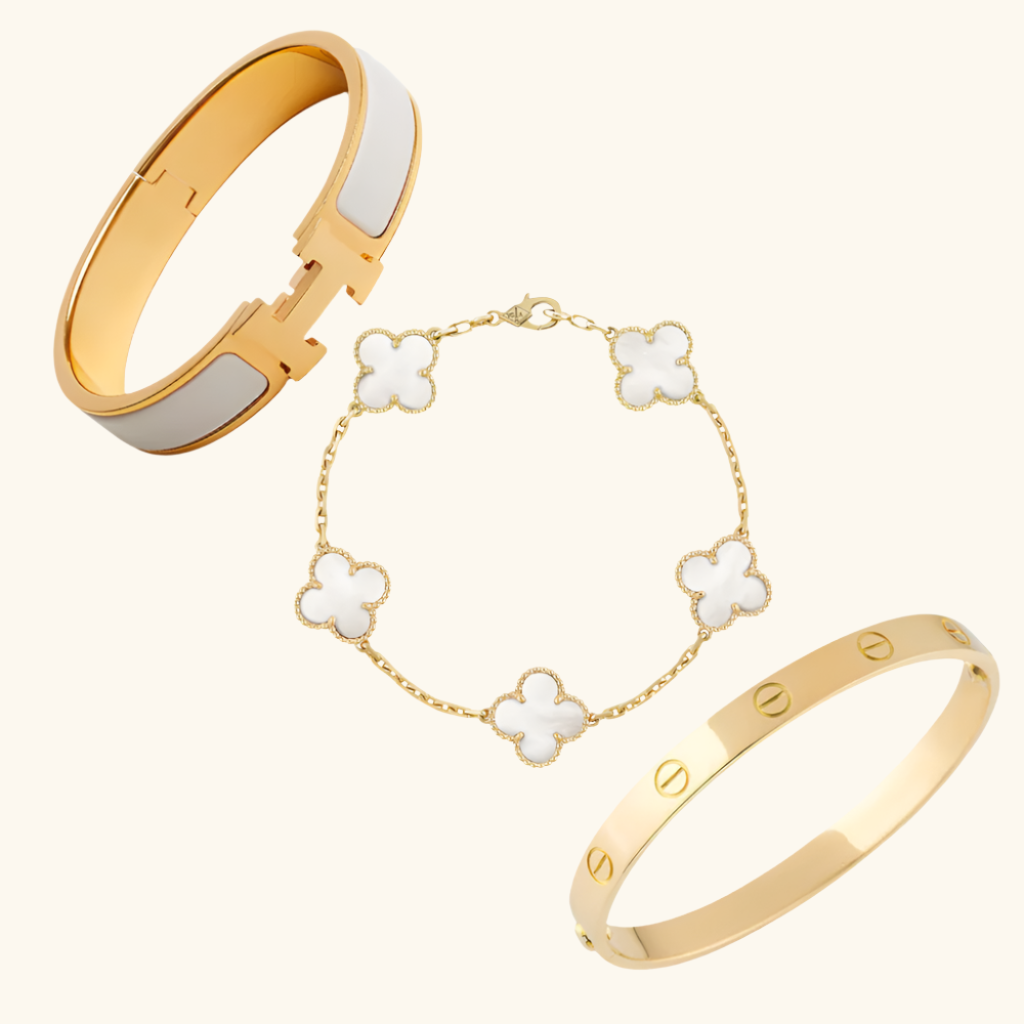 Parure de Bracelets Femme – Ensemble de 3 Bracelets Trèfle Blanc, Jonc et Bracelet Émaillé en Acier Inoxydable Doré Style Élégant