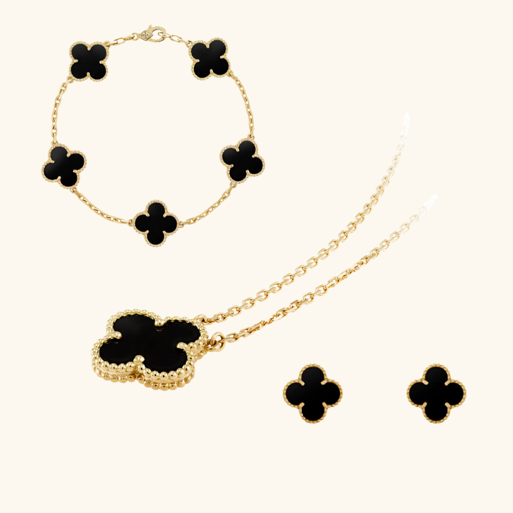 Parure Femme – Collier, Bracelet et Boucles d’Oreilles Trèfle Noir en Acier Inoxydable Doré Style Élégant