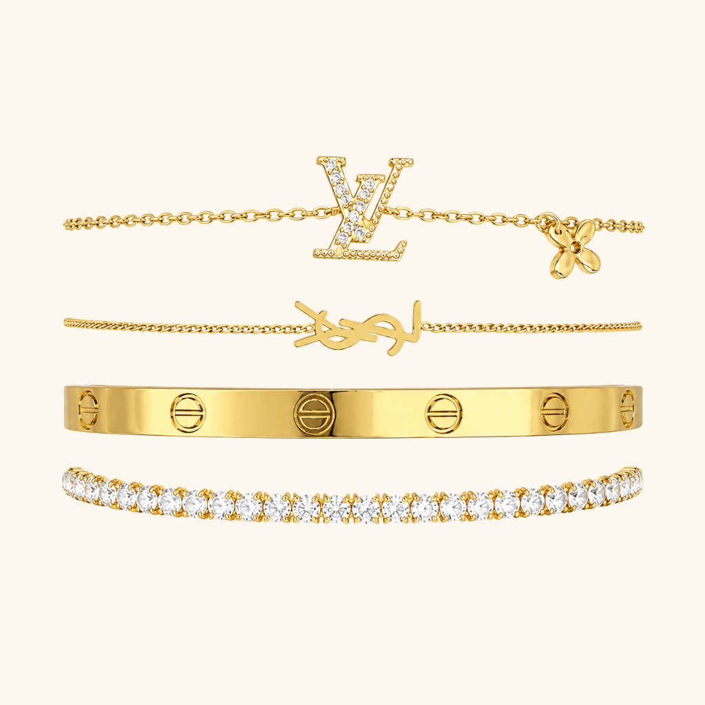 Parure de Bracelets Femme – Bracelets Signature et Cristaux en Acier Inoxydable Doré Style Luxueux