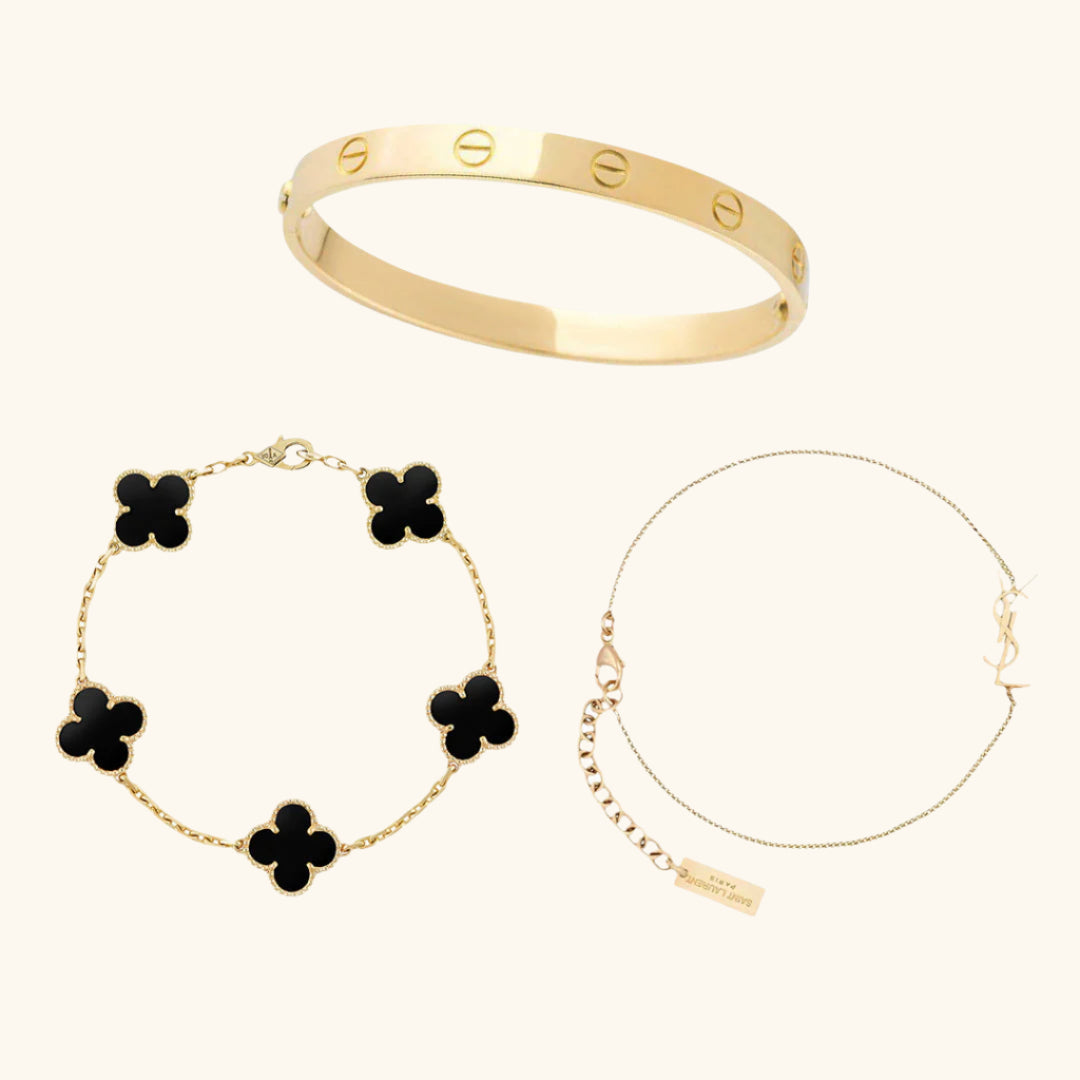 Parure de Bracelets Femme – Ensemble de 3 Bracelets Trèfle Noir, Signature et Jonc en Acier Inoxydable Doré Style Élégant