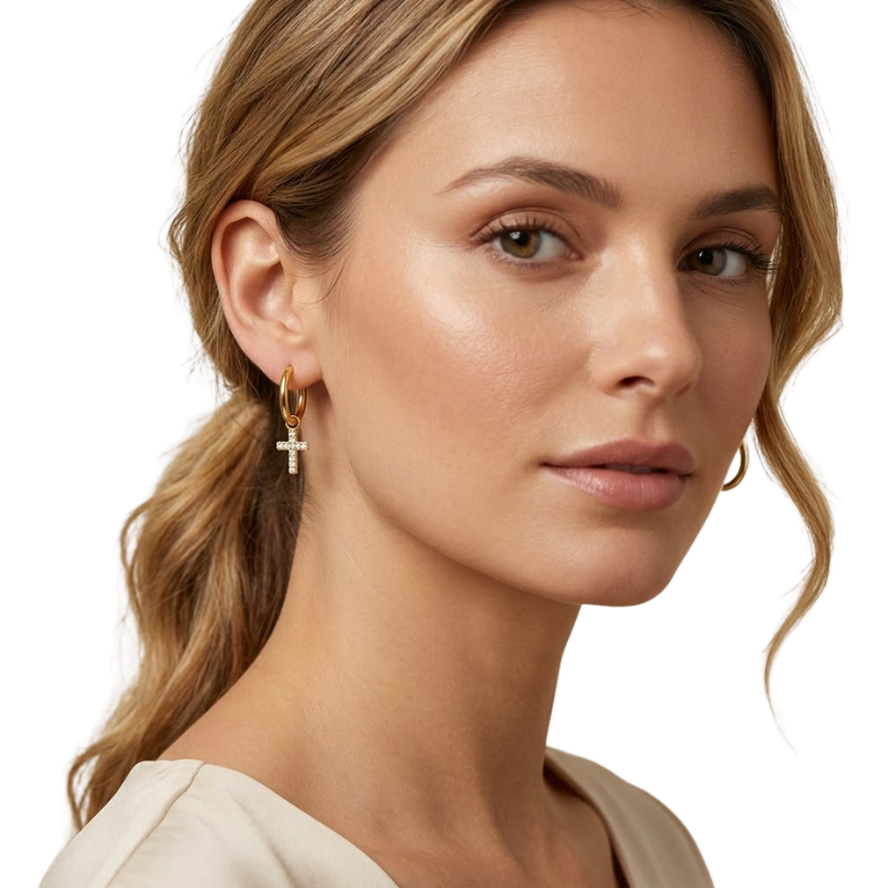 Boucles d’Oreilles Croix Femme – Acier Inoxydable Doré