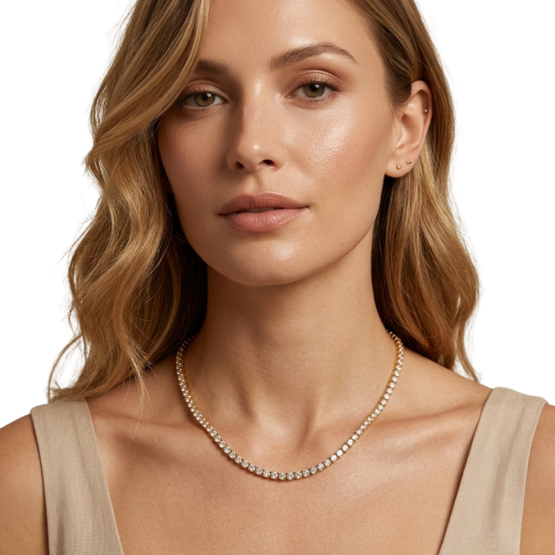 Collier Tennis Femme – Acier Inoxydable Doré avec Détails Sertis Style Élégant