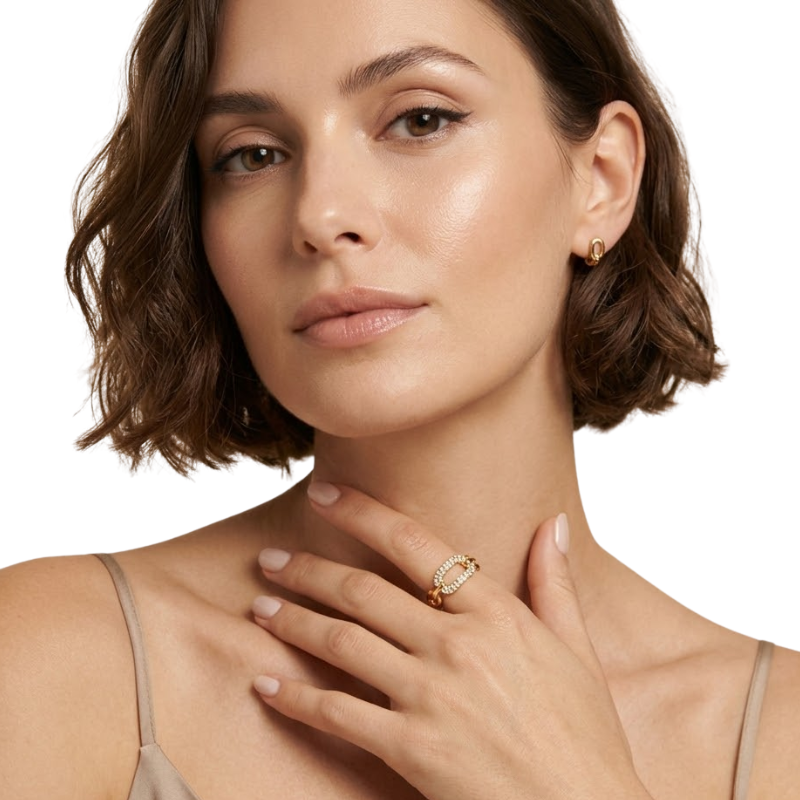 Bague Chaîne Câble Femme – Acier Inoxydable Doré avec Détails Sertis Ajustable