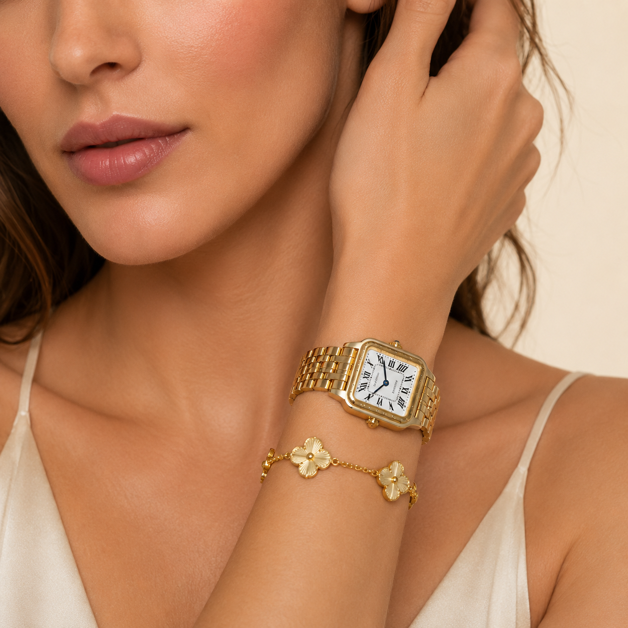 Parure Femme – Montre et Bracelet Fleur en Acier Inoxydable Doré Style Élégant