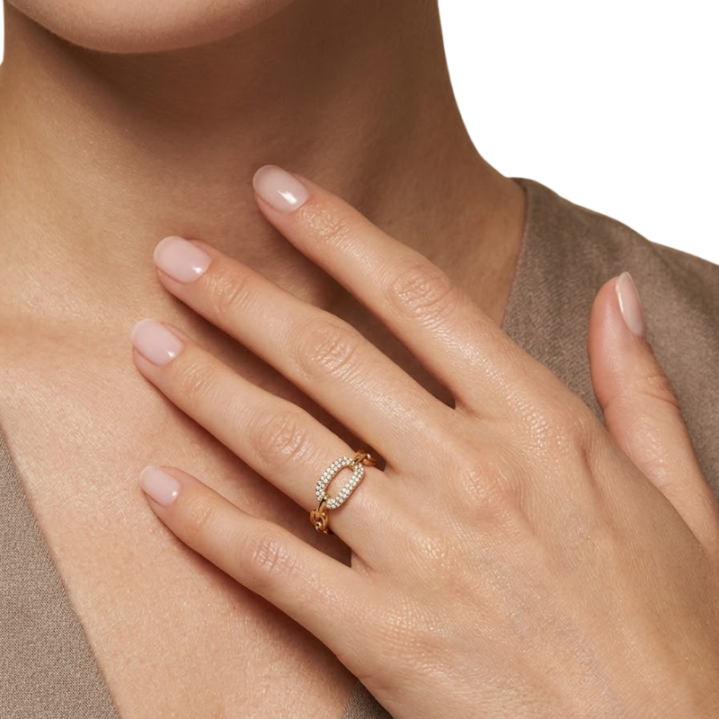 Bague Chaîne Câble Femme – Acier Inoxydable Doré avec Détails Sertis Ajustable