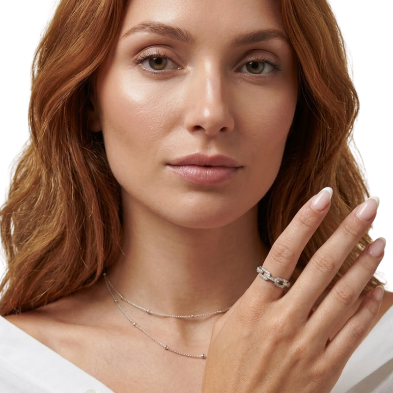 Bague Chaîne à Maillons Femme – Acier Inoxydable avec Détails Sertis Style Moderne