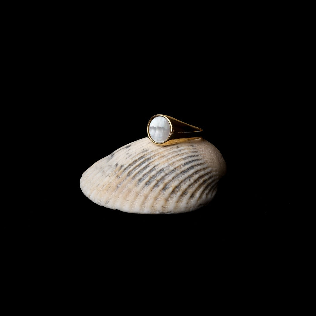 Bague Chevalière Nacre Blanche Femme Acier Inoxydable