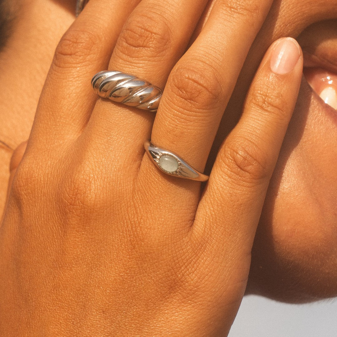 Bague Chevalière Pierre Verte Soleil Femme Acier Inoxydable