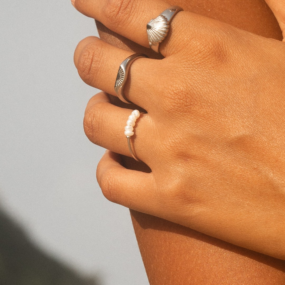 Bague Fine Cinq Perles d'Eau Douce Femme Acier Inoxydable