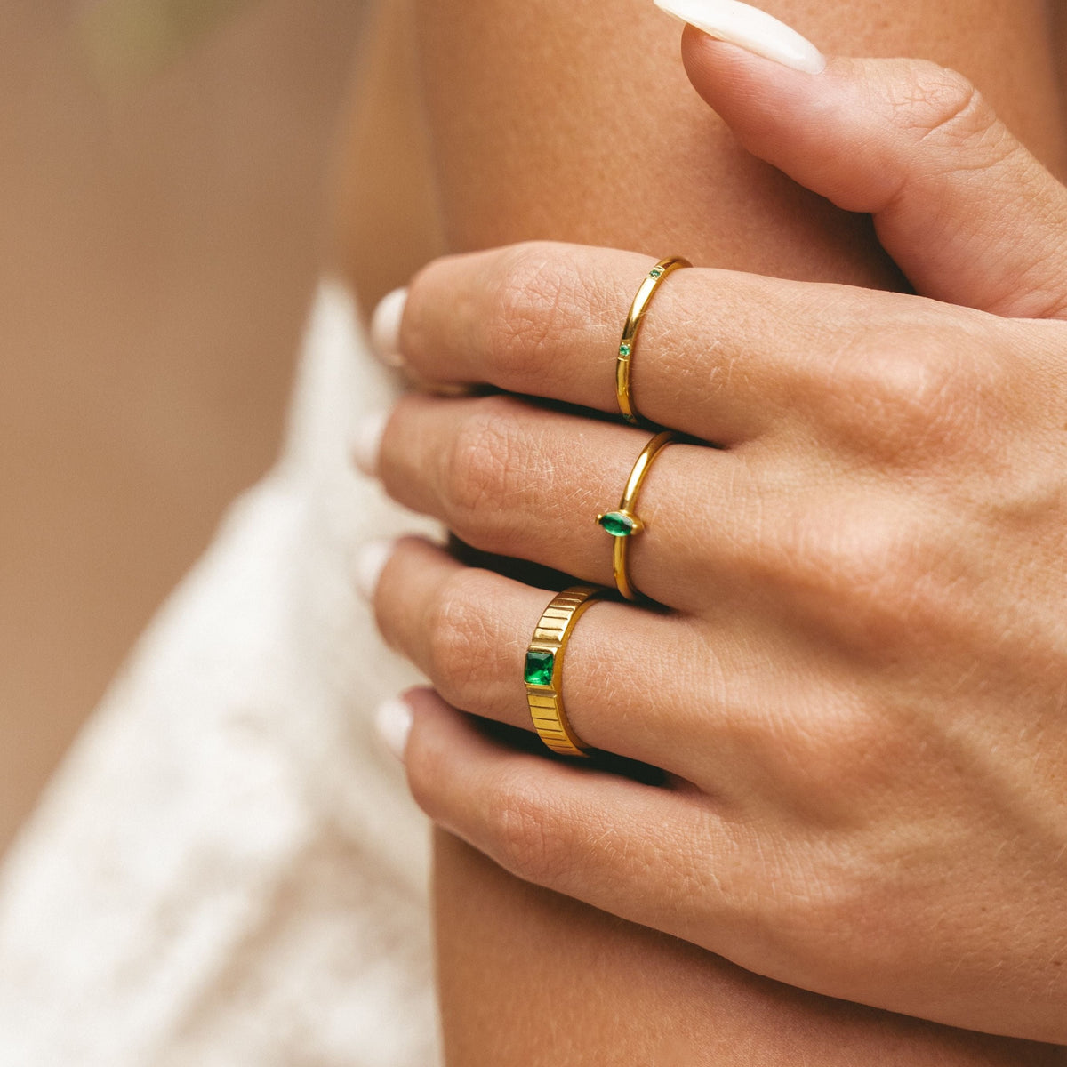 Bague Striée Zircon Vert Carré Femme Acier Inoxydable