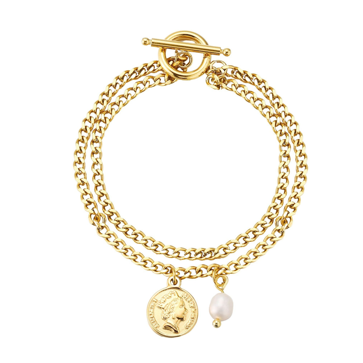 Bracelet Double Tour Médaille Perle Femme Acier Inoxydable