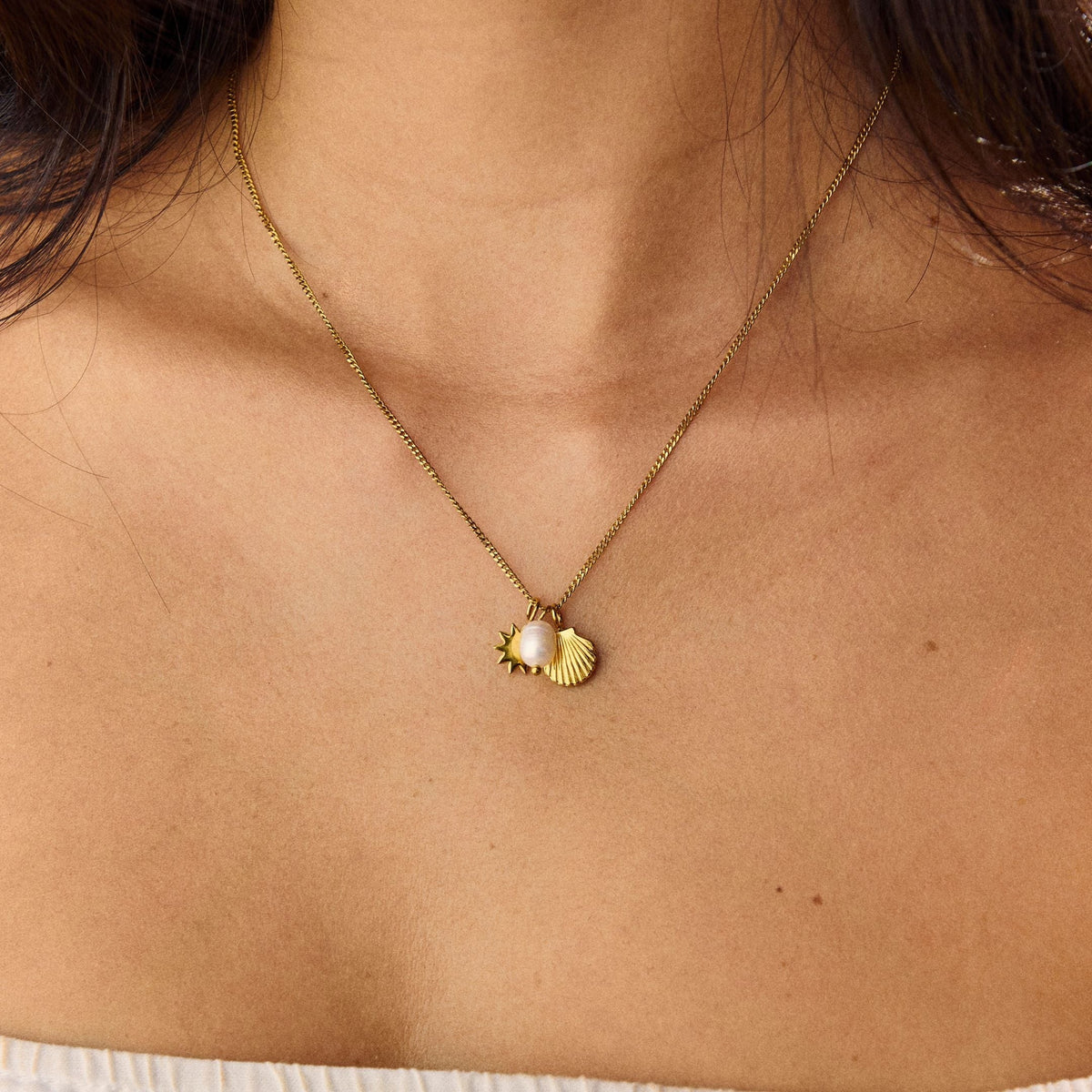 Collier Breloques Soleil Coquillage Perle Femme Acier Inoxydable