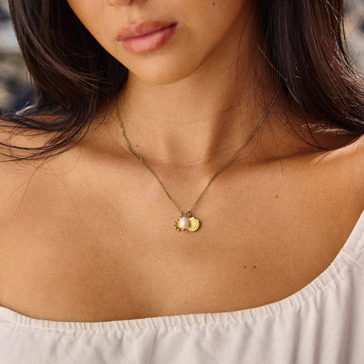 Collier Breloques Soleil Coquillage Perle Femme Acier Inoxydable
