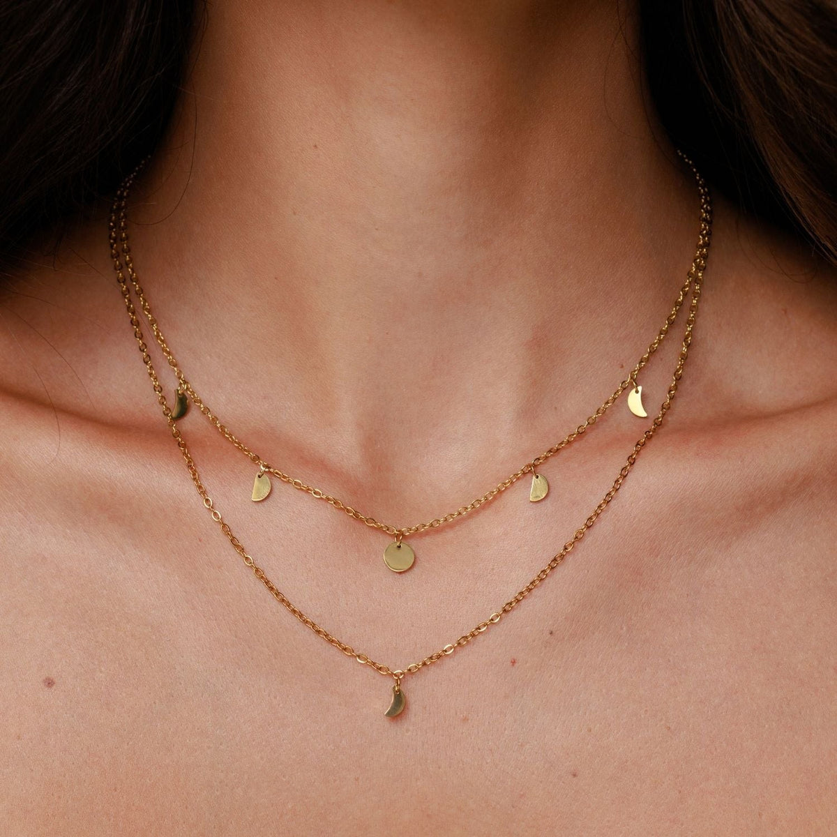 Collier Double Rang Breloques Lune Femme Acier Inoxydable