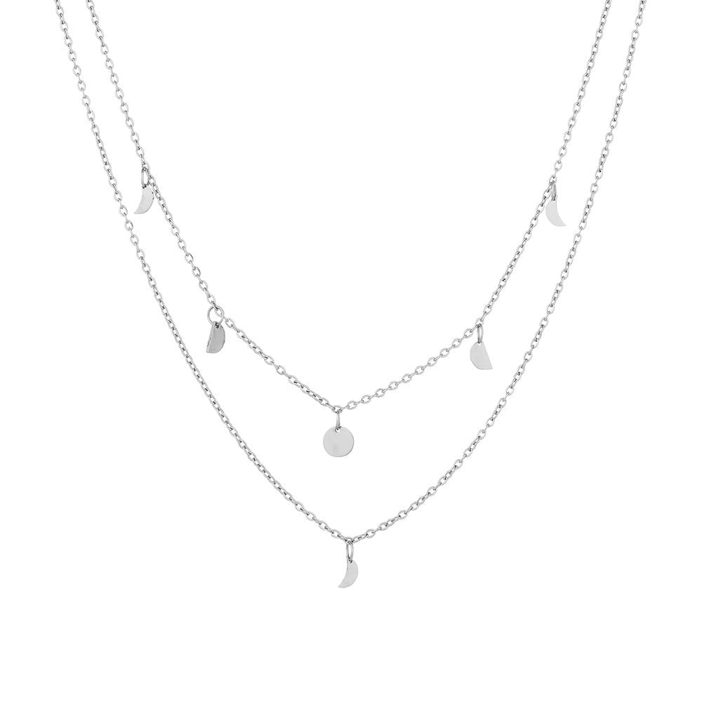 Collier Double Rang Breloques Lune Femme Acier Inoxydable