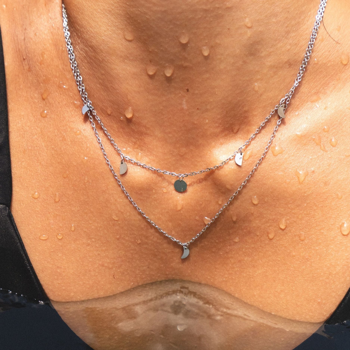 Collier Double Rang Breloques Lune Femme Acier Inoxydable