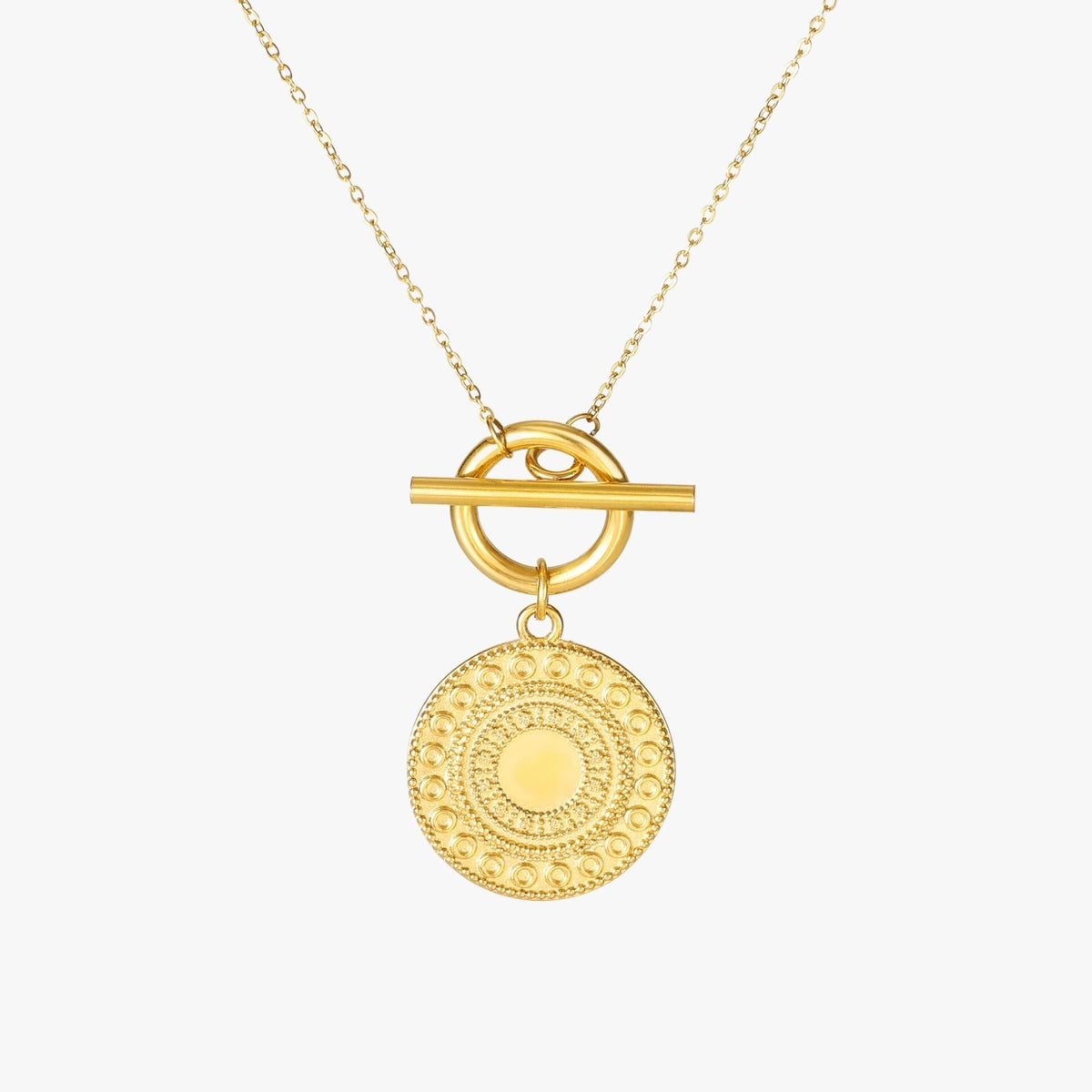 Collier Fermoir Toggle Médaille Gravée Femme Acier Inoxydable
