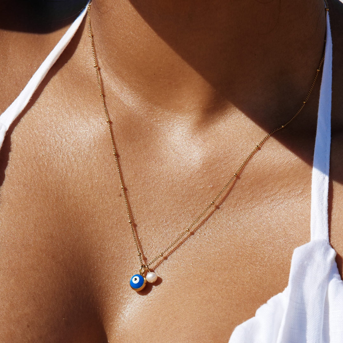 Collier Œil Bleu Émaillé Perle Femme Acier Inoxydable