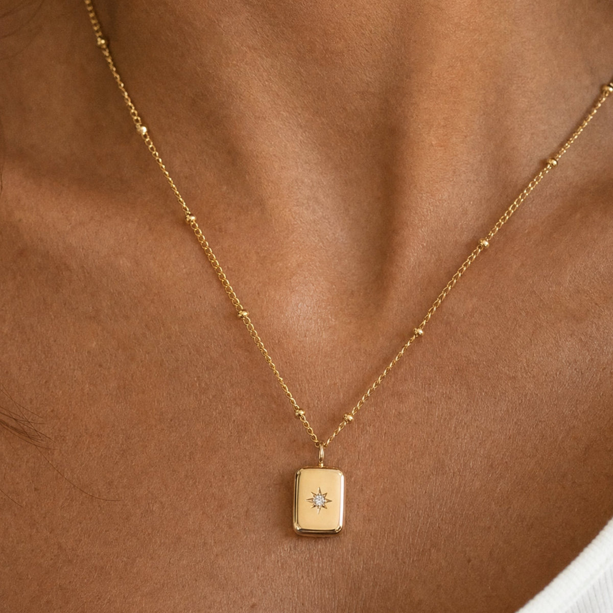 Collier Pendentif Rectangle Étoile Zircon Femme Acier Inoxydable