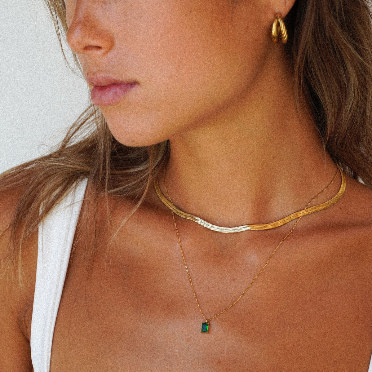 Collier Pendentif Zircon Vert Rectangulaire Femme Acier Inoxydable
