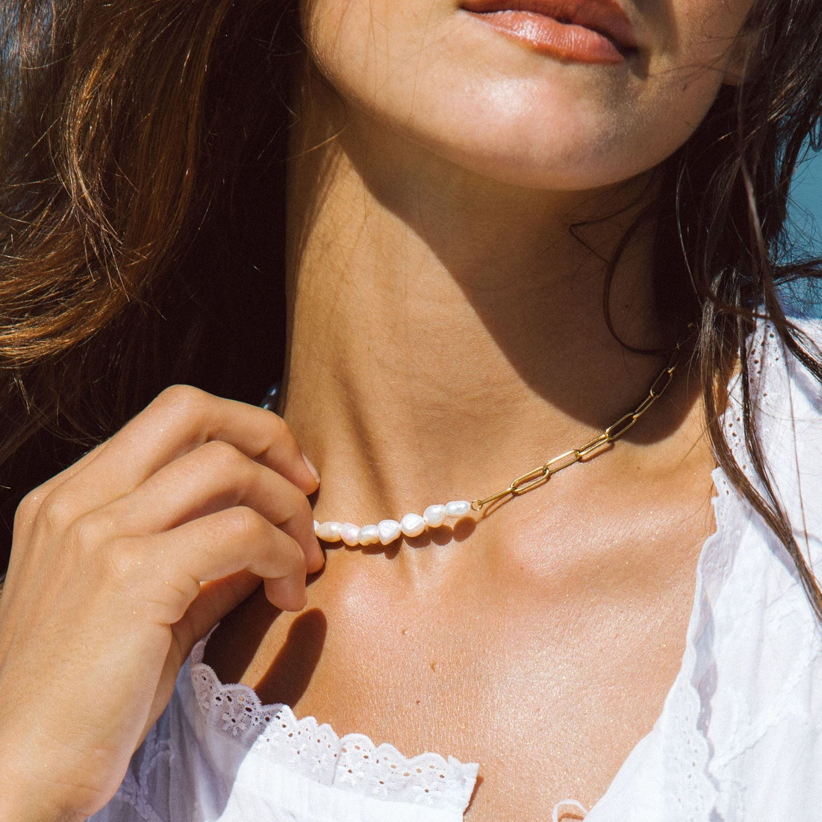 Collier Ras de Cou Trombone Perles d'Eau Douce Femme Acier Inoxydable
