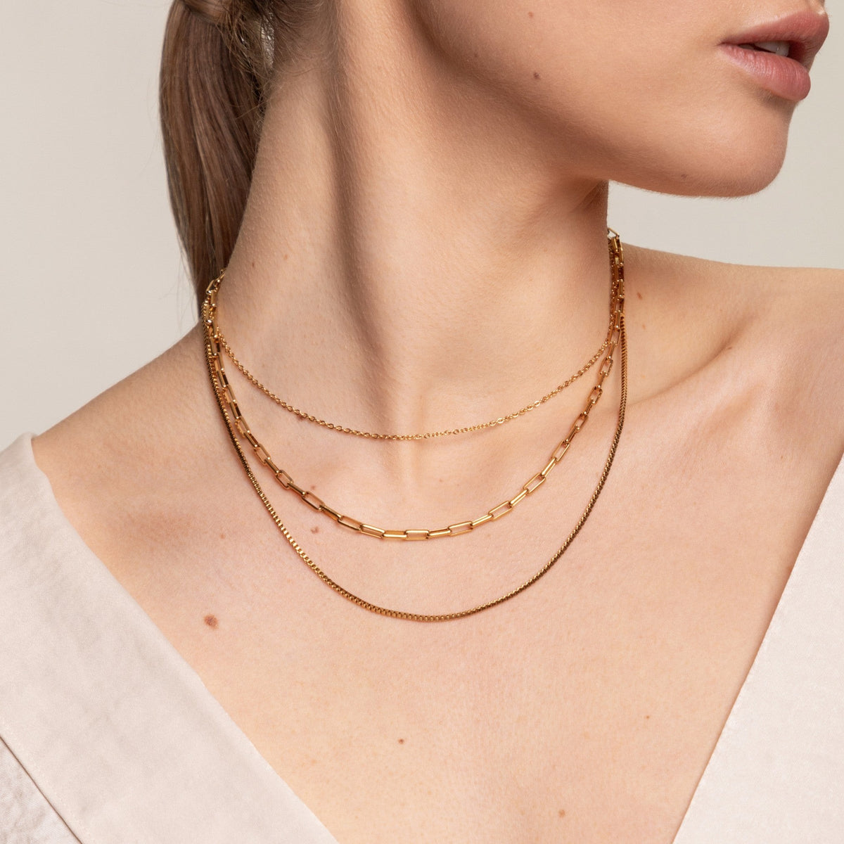 Collier Triple Rang Maille Trombone Femme Acier Inoxydable