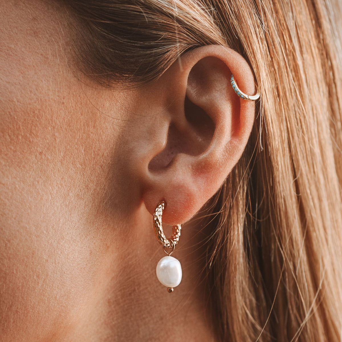 Créoles Martelées Perle Femme Acier Inoxydable