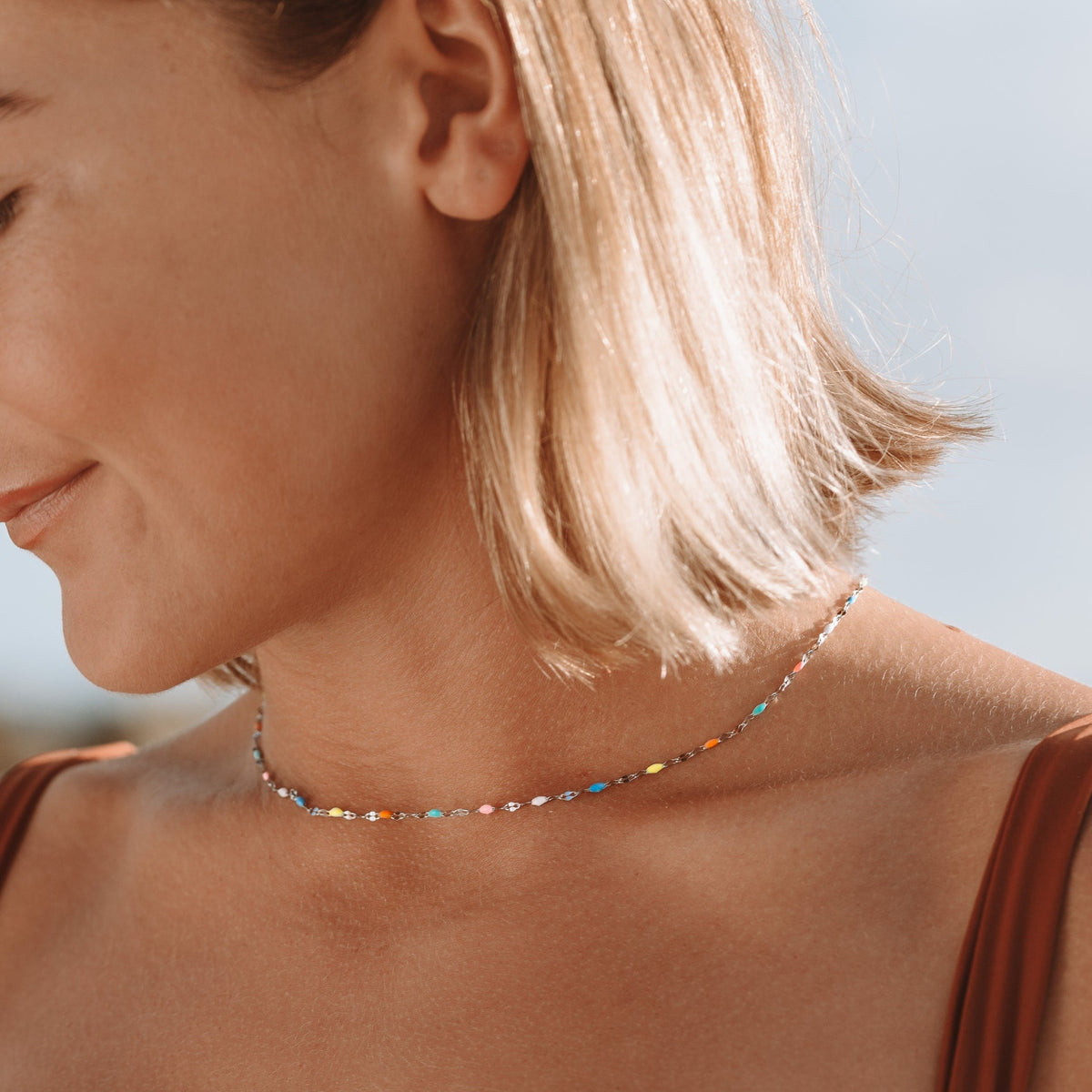 Collier Ras de Cou Émail Multicolore Femme Acier Inoxydable