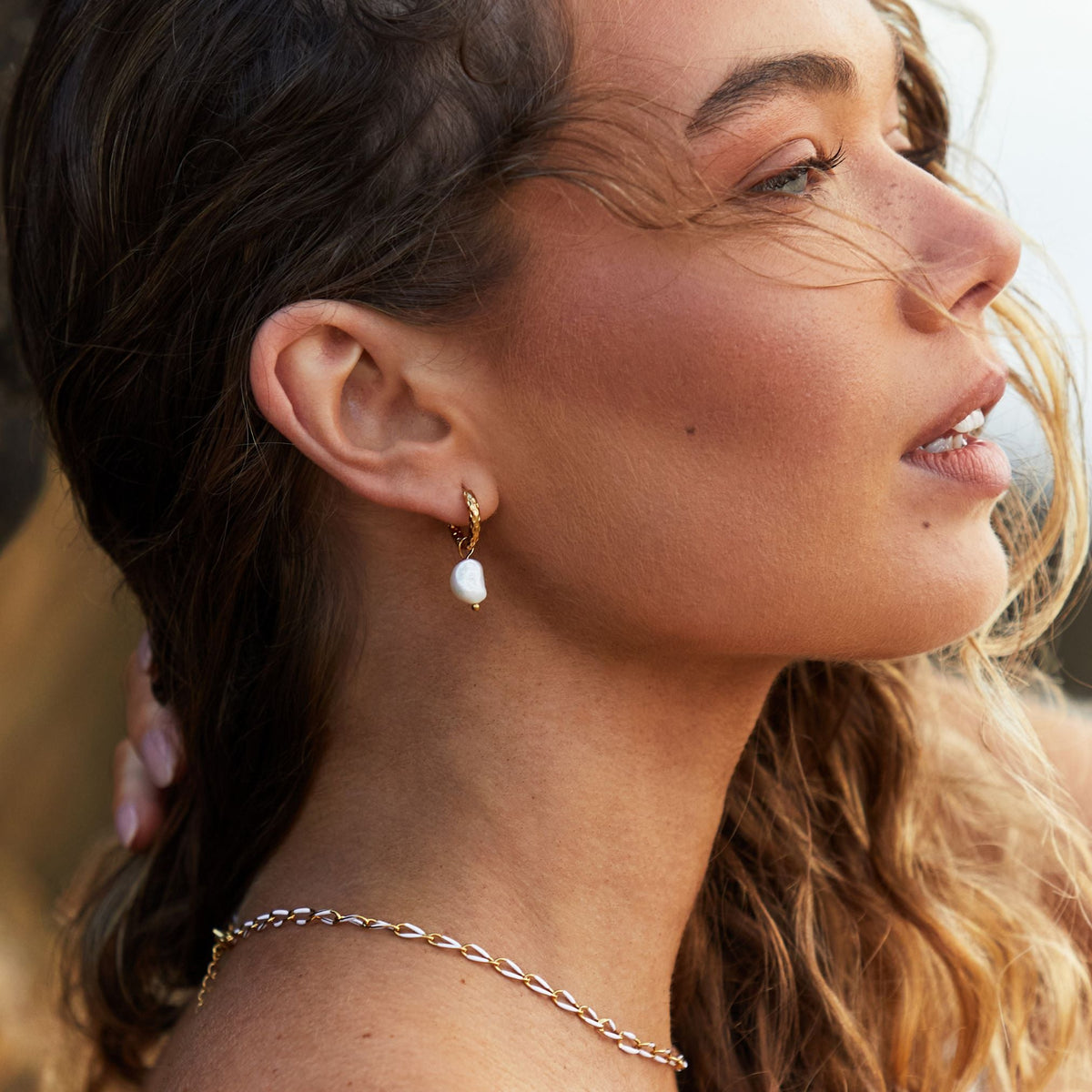Créoles Martelées Perle Femme Acier Inoxydable