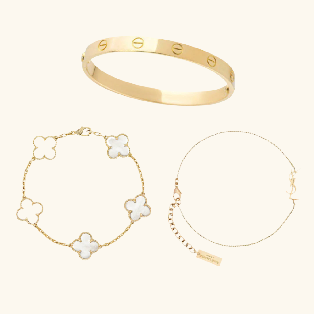 Parure de Bracelets Femme – Ensemble de 3 Bracelets Trèfle Blanc, Signature et Jonc en Acier Inoxydable Doré Style Élégant