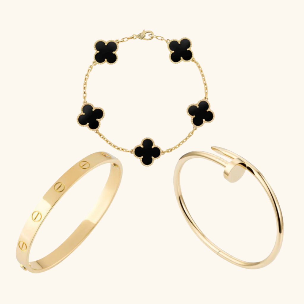 Parure de Bracelets Femme – Ensemble de 3 Bracelets Trèfle Noir et Joncs en Acier Inoxydable Doré Style Élégant