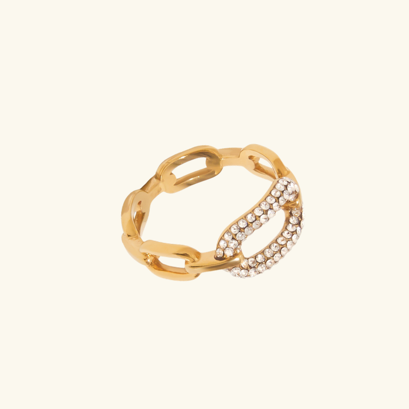Bague Chaîne Câble Femme – Acier Inoxydable Doré avec Détails Sertis Ajustable