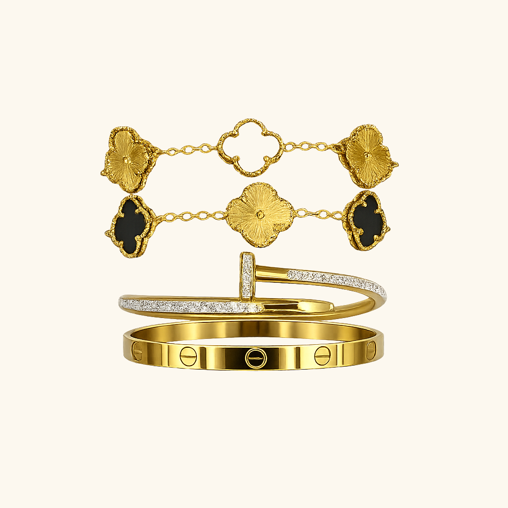Parure de Bracelets Femme – Bracelets Trèfle et Joncs en Acier Inoxydable Doré Style Luxueux