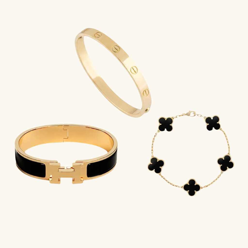 Parure de Bracelets Femme – Ensemble de 3 Bracelets Trèfle Noir, Jonc et Bracelet Émaillé en Acier Inoxydable Doré Style Élégant