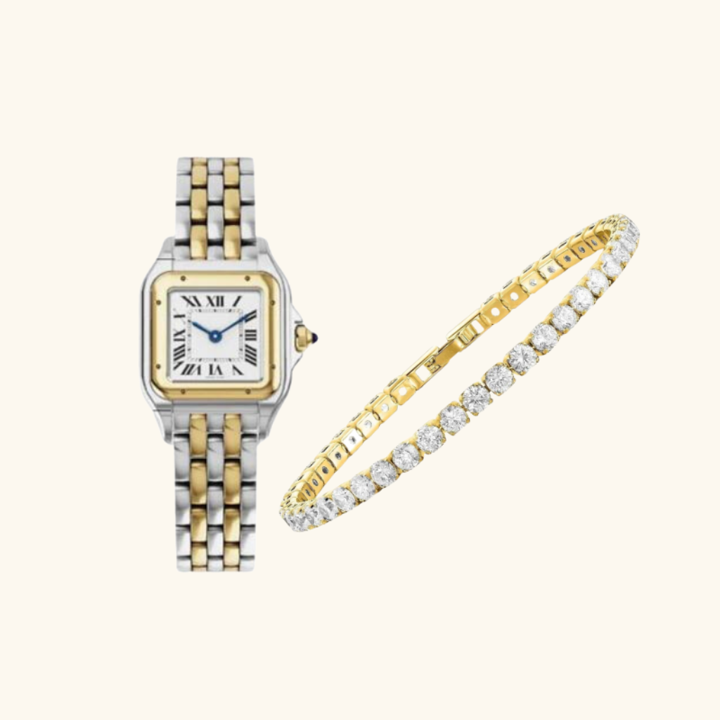 Parure Femme – Montre et Bracelet Rivière de Cristaux en Acier Inoxydable Bicolore Style Élégant
