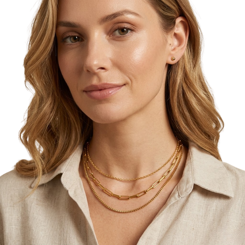 Collier Ras-du-Cou Multirangs Femme – Acier Inoxydable Doré