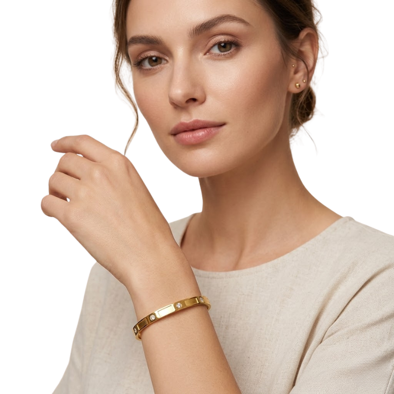 Bracelet Jonc Femme – Acier Inoxydable Plaqué Or avec Détails Sertis