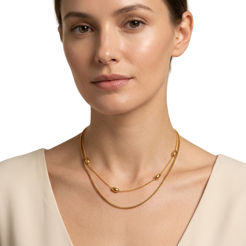 Collier Multirangs Femme – Perles Ovales en Acier Inoxydable Doré Style Moderne