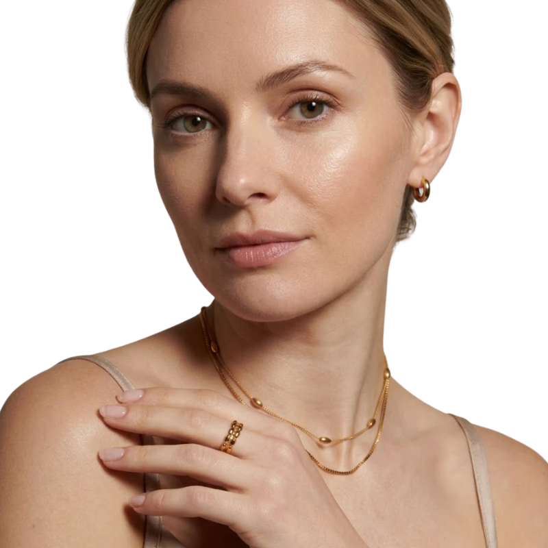 Bague Double Perles Ovales Femme – Design Double Rang en Acier Inoxydable Ajustable