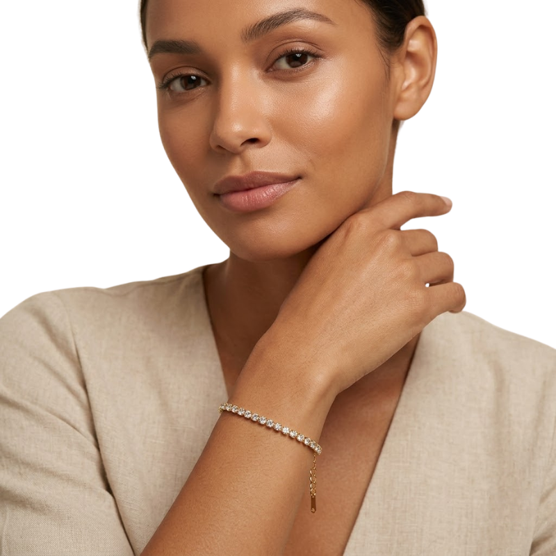 Bracelet Tennis Femme – Acier Inoxydable Doré avec Détails Sertis