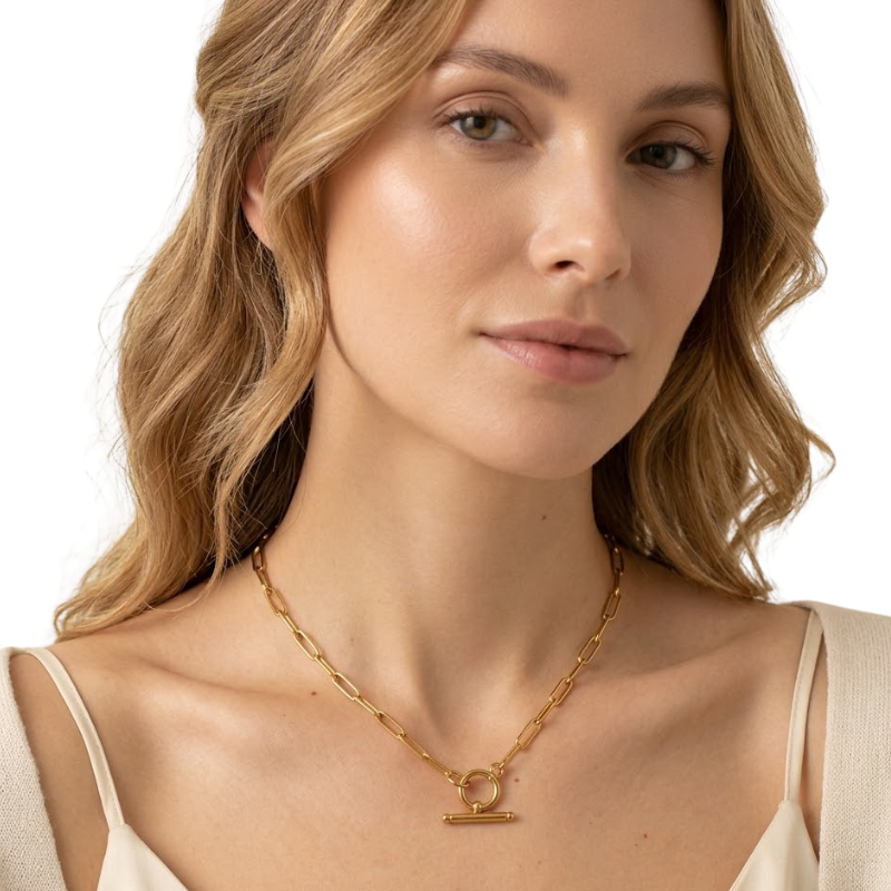Collier Chaîne Trombone Femme – Acier Inoxydable Doré avec Fermoir T Style Moderne