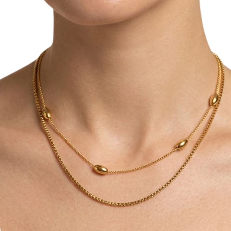 Collier Multirangs Femme – Perles Ovales en Acier Inoxydable Doré Style Moderne
