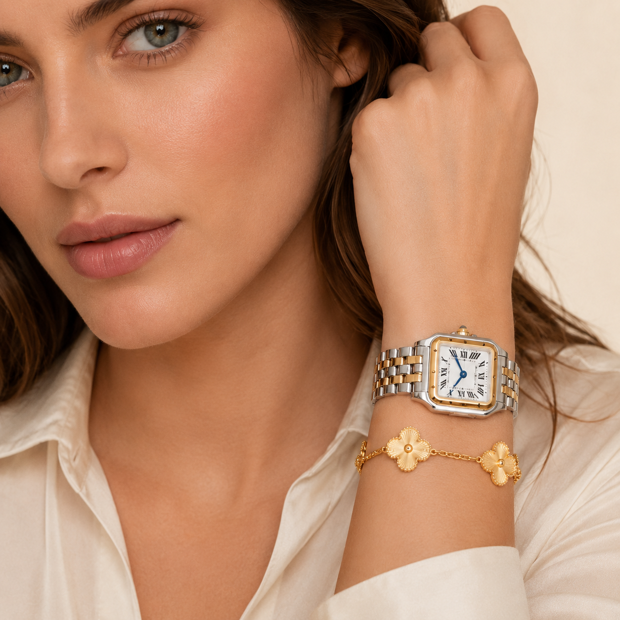 Parure Femme – Montre et Bracelet Fleur en Acier Inoxydable Bicolore Style Élégant